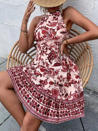 Summer Women Clothing Floral Tight Waist Halter Lace up Dress