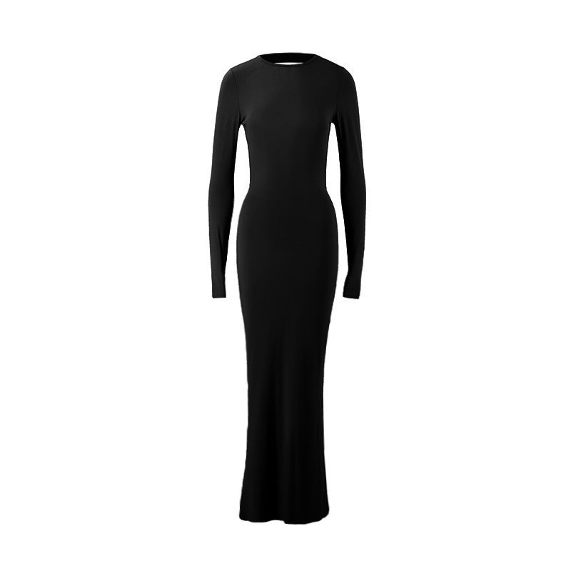 Round Neck Slim Fit Long Sleeved Sexy Backless Sheath Dress Women Clothing