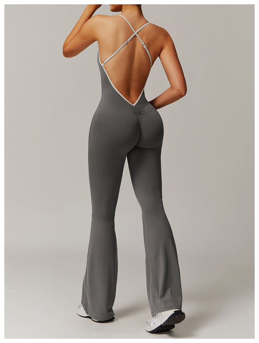 Nude Feel Cross Beauty Back Yoga Jumpsuit Pleated Slightly Pull Running Sports Fitness Horn Jumpsuit - Iyanka