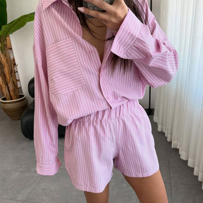 Summer Striped Cardigan Long Sleeved Women Shirt Shorts Two Piece Set - Iyanka