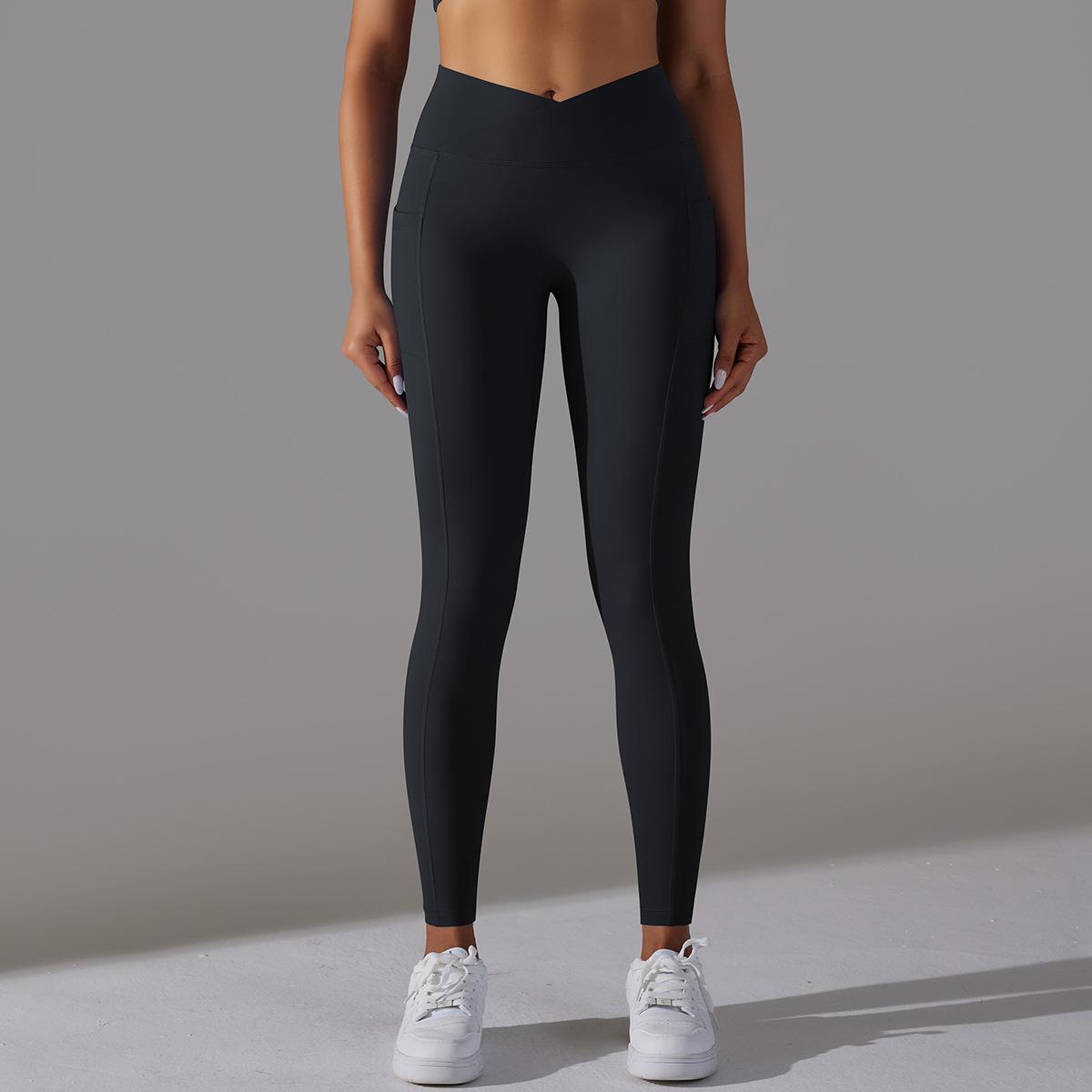 Solid Color Nude Feel Skin Friendly Cross Waist Pocket Yoga Pants High Waist Hip Lift Stretch Fitness Sports Ninth Pants - Iyanka