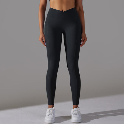 Solid Color Nude Feel Skin Friendly Cross Waist Pocket Yoga Pants High Waist Hip Lift Stretch Fitness Sports Ninth Pants - Iyanka