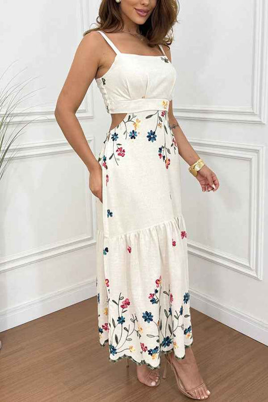 Spring Summer Suspender Positioning Floral Print Slit Dress Loose Vacation Dress