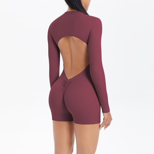 Hollow Out Cutout Beauty Back Half Open Zipper One Piece Peach Hip Sports Fitness Bare Back Jumpsuit Yoga Clothes Women - Iyanka