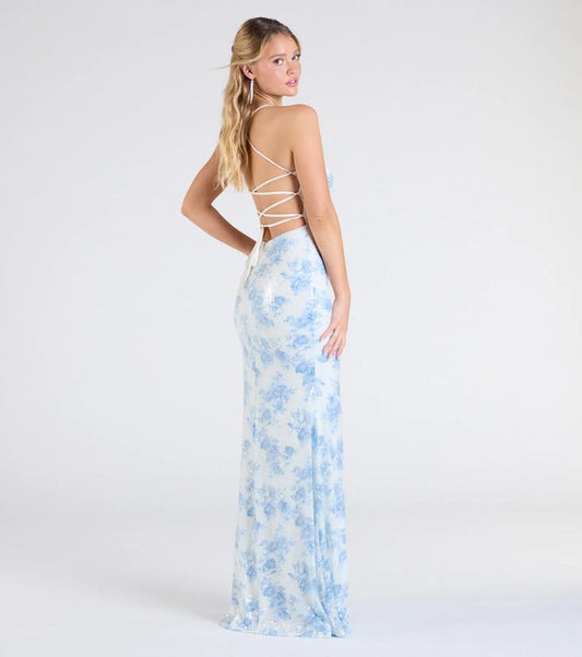 Popular Floral Strap Dress Women Mid Length Dress Slim Split Evening Dress