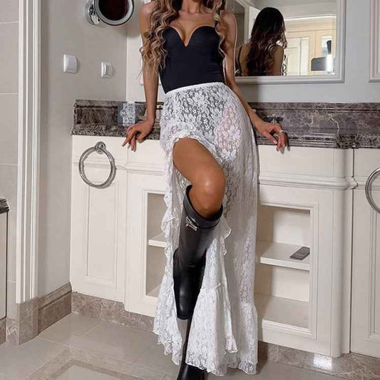 Women Commuting Wear Summer Side Slit Sexy Ruffles Atmosphere Lace See through Skirt
