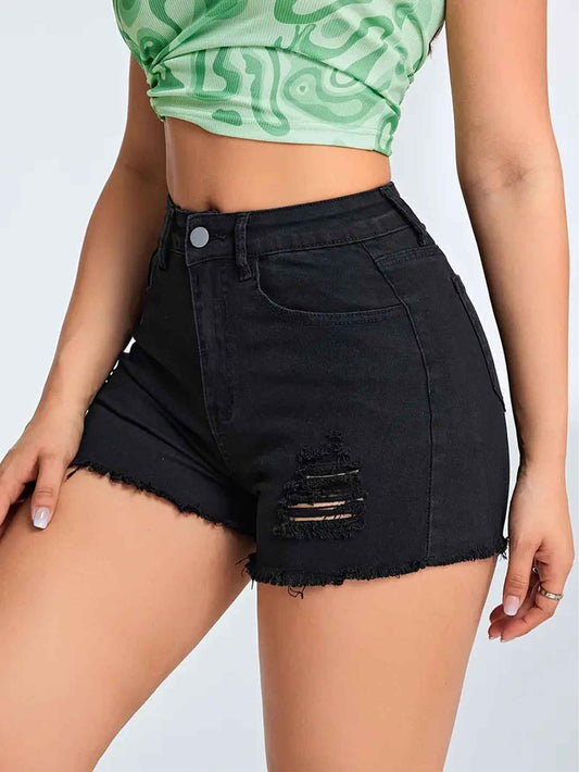Ripped Black Denim Casual Slim Fit Figure Flattering Multi Craft Design Women Denim Shorts Denim Shorts Shorts
