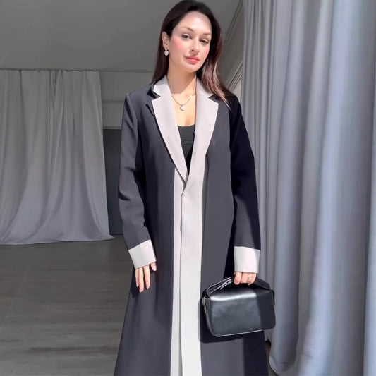Long Collar Stitching Contrast Color Trench Coat Women Office Coat - Iyanka