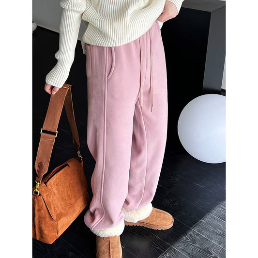 Sports Pink Drawstring Sweatpants for Women Autumn Winter Thermal Velvet Thickened Ankle Banded Pants - Iyanka