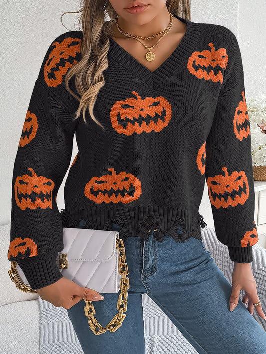 Autumn Winter Halloween Contrast Color Pumpkin Cut Rotten Long Sleeve Pullover Women Clothing - Iyanka