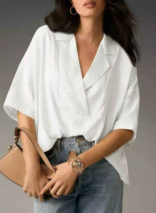 Women’s Summer Short Sleeve Collared Casual Loose Top – Solid Shirt