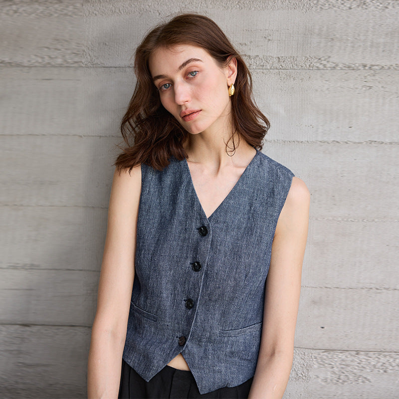 V neck Yarn Dyed Pure Linen Vest for Women Special Interest Design Vest Summer French Bandage Dress Vest - Iyanka