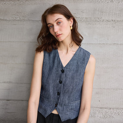 V neck Yarn Dyed Pure Linen Vest for Women Special Interest Design Vest Summer French Bandage Dress Vest - Iyanka