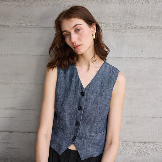 V neck Yarn Dyed Pure Linen Vest for Women Special Interest Design Vest Summer French Bandage Dress Vest - Iyanka
