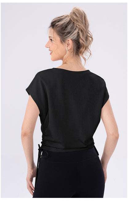Yoga Wear Top Women Side Waist Pleated Slimming round Neck Sports Short Sleeve Outdoor Fitness Casual T shirt - Iyanka
