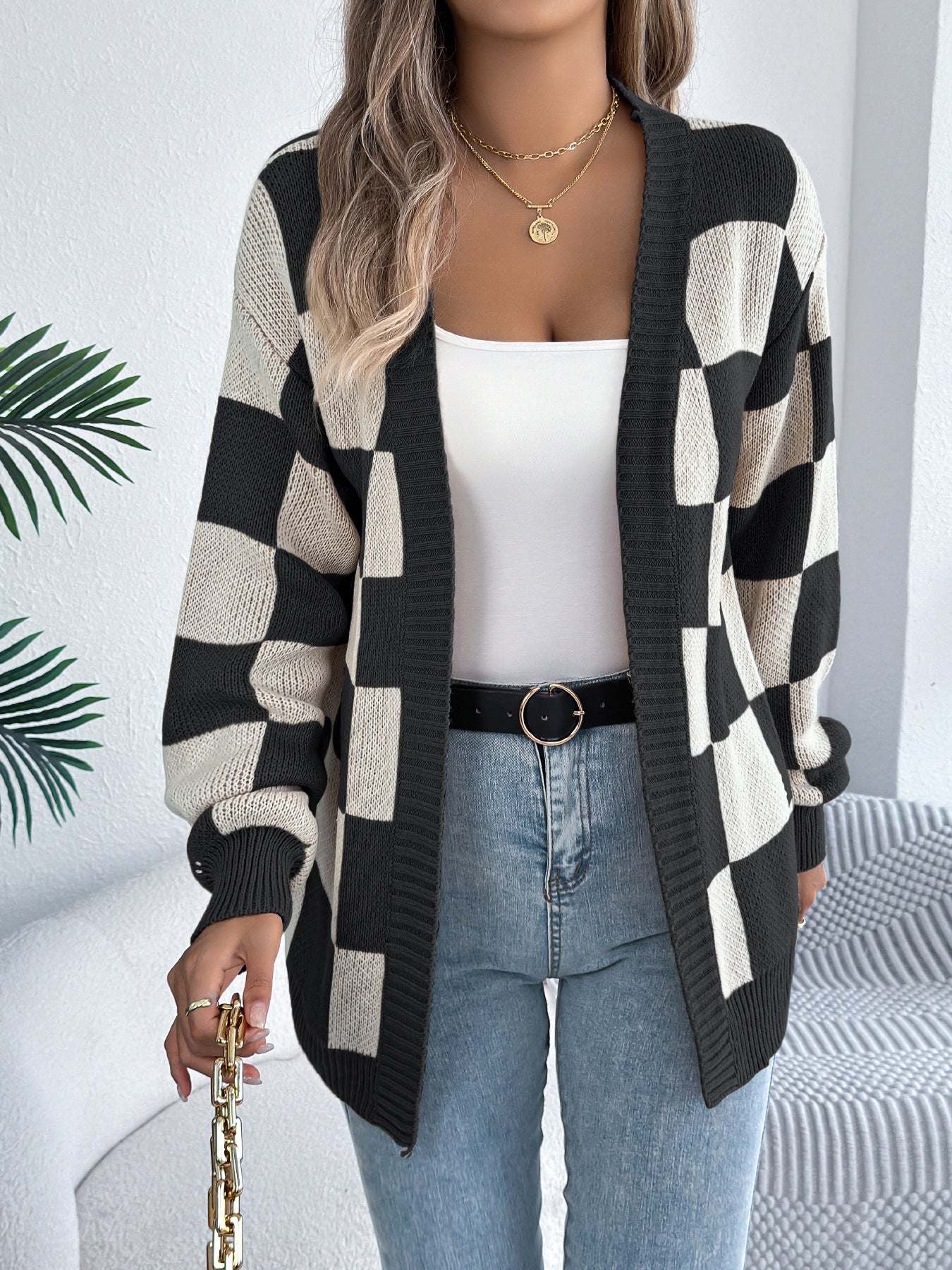 Autumn Winter Contrast Color Plaid Lantern Sleeve Cardigan Sweater Mid Length Coat Women Clothing - Iyanka