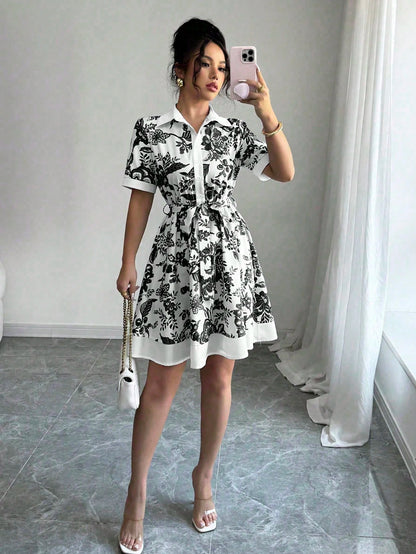 Women Clothing Summer Printing Lace up Waist Single Breasted Dress