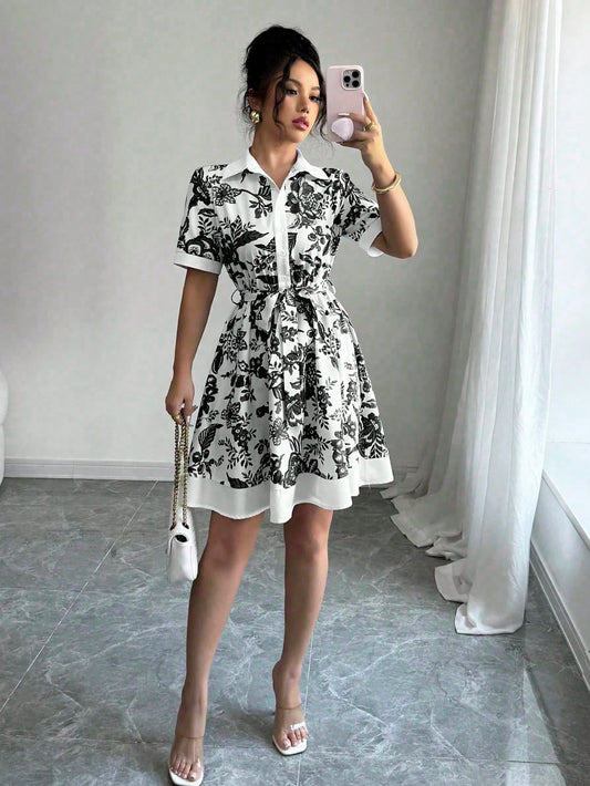 Women Clothing Summer Printing Lace up Waist Single Breasted Dress