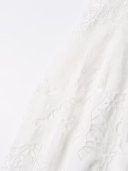 Retro Autumn Polo Collar Long Lantern Sleeve Mid Length with Embroidery Hollow Out Cutout out Solid Color Dress for Women