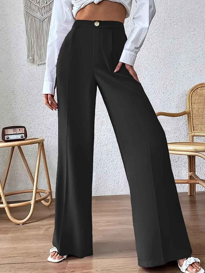 Solid Color Wide Leg Pull-Button Work Pants