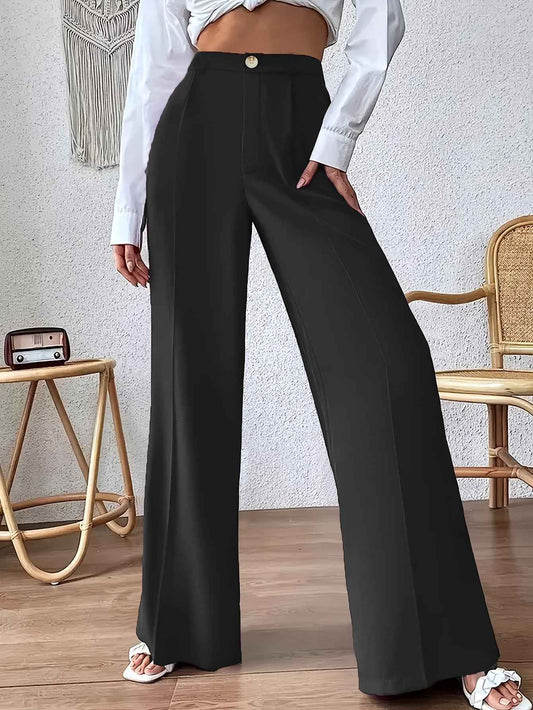 Solid Color Wide Leg Pull-Button Work Pants