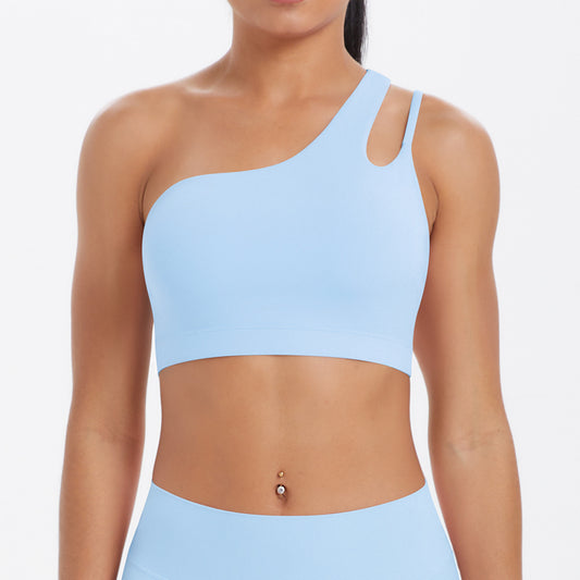 Solid Color One Shoulder Beauty Back Yoga Bra Nude Feel Push up Sports Bra Irregular Asymmetric Shoulder Strap Sports Vest for Women - Iyanka