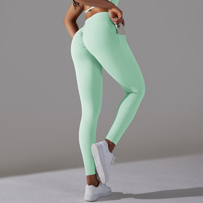 Solid Color Nude Feel Skin Friendly Cross Waist Pocket Yoga Pants High Waist Hip Lift Stretch Fitness Sports Ninth Pants - Iyanka