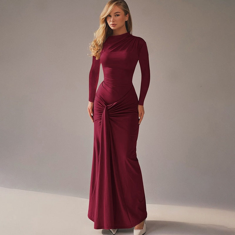 Women Clothing Summer Waist Controlled Lace up Sheath Dress Solid Color Slim Fit Long Sleeves Dress