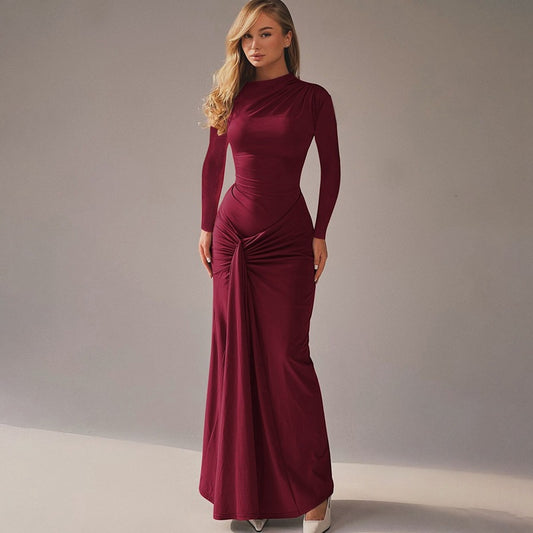 Women Clothing Summer Waist Controlled Lace up Sheath Dress Solid Color Slim Fit Long Sleeves Dress