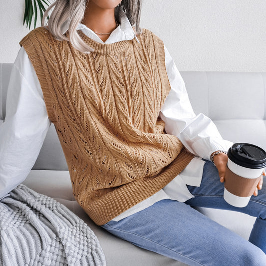 Autumn Winter round Neck Hollow Out Cutout Leaves Casual Knitted Vest Sweater Women Clothing - Iyanka