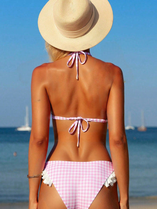 Summer Lace Plaid Halter Bikini Flounced Vacation Split Swimsuit Two Piece Sets Women Swimsuit - Iyanka