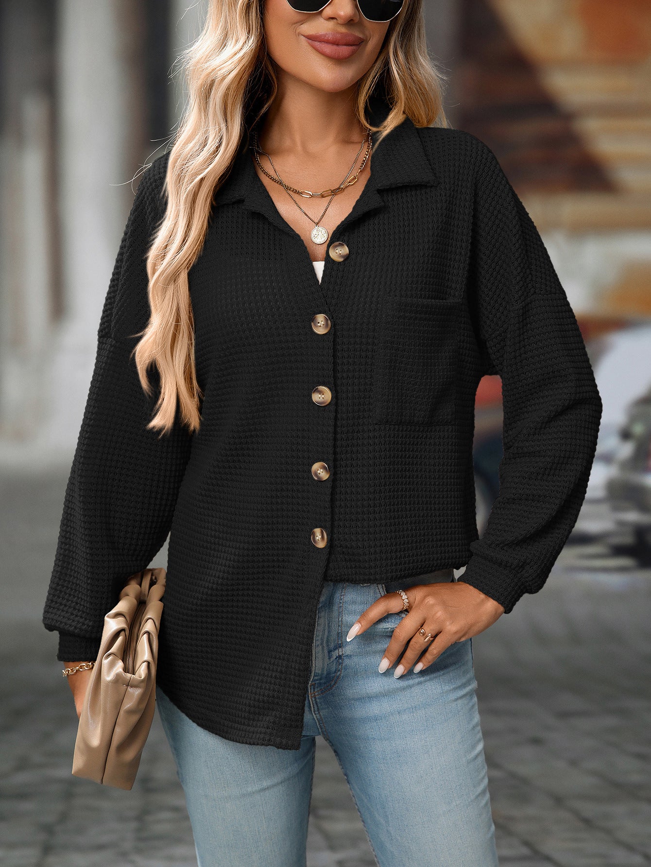 Women Autumn Winter Loose Waffle Casual Office All Matching Shirt - Iyanka