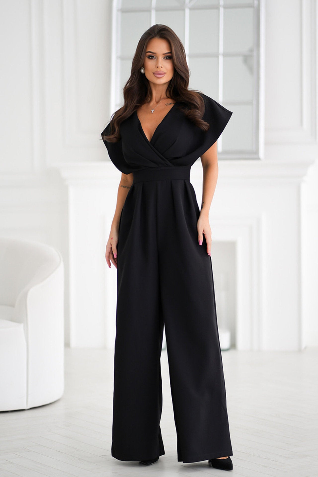Women Summer Elegance Office V neck Tight Waist Solid Color One Piece Trousers - Iyanka
