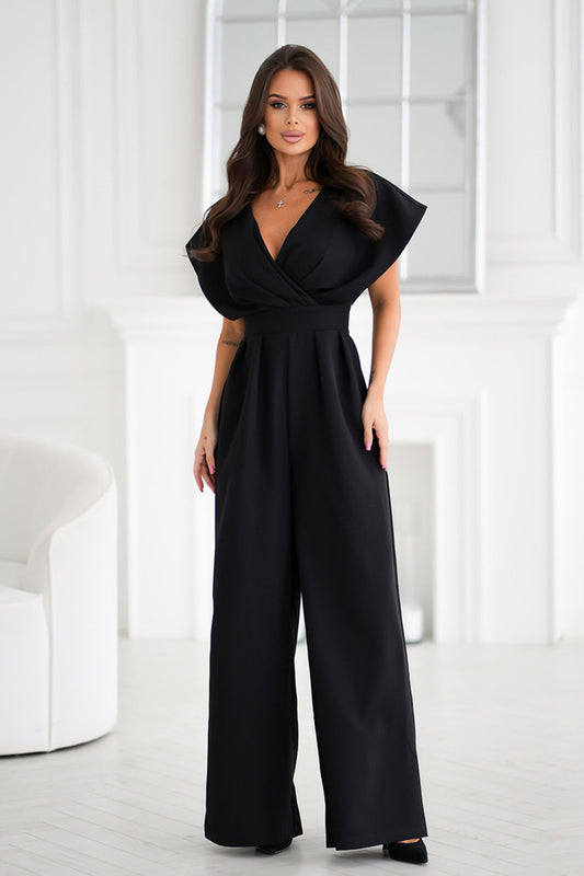 Women Summer Elegance Office V neck Tight Waist Solid Color One Piece Trousers - Iyanka