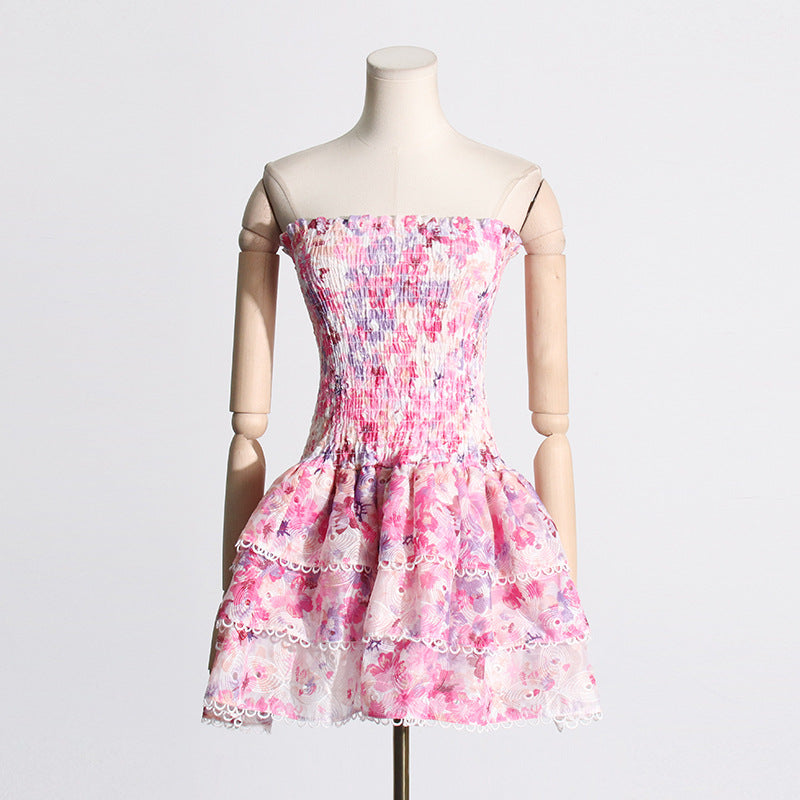 Seaside Beach Vacation Summer Tube Top Floral Print Slim Fit Ruffled Dress for Women