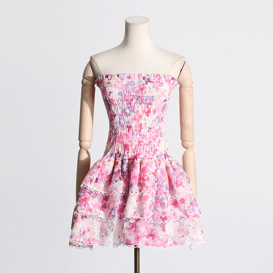 Seaside Beach Vacation Summer Tube Top Floral Print Slim Fit Ruffled Dress for Women