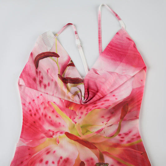 Summer Vacation Sexy Pleated Swing Collar One Shoulder Crossbody Ring Stitching Floral Print Dress