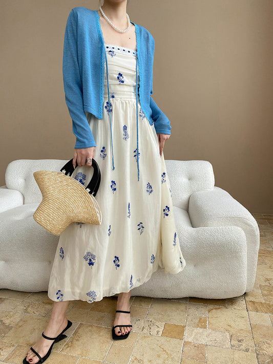 Vacation Floral Embroidery Pinch Pleated Waist Trimming Spaghetti Straps Bud Dress