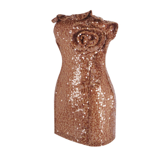 Premium Brown Sequined Evening Dress Three Dimensional Floral Ruffled Design Star Same Slim Fit Dress - Iyanka