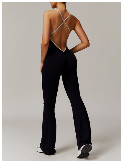 Nude Feel Cross Beauty Back Yoga Jumpsuit Pleated Slightly Pull Running Sports Fitness Horn Jumpsuit - Iyanka