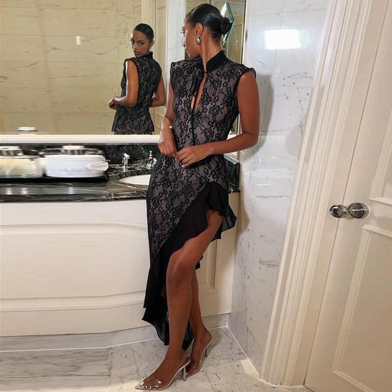 Women Wear Summer Sexy Mesh See through Lace Slim Sleeveless Dress
