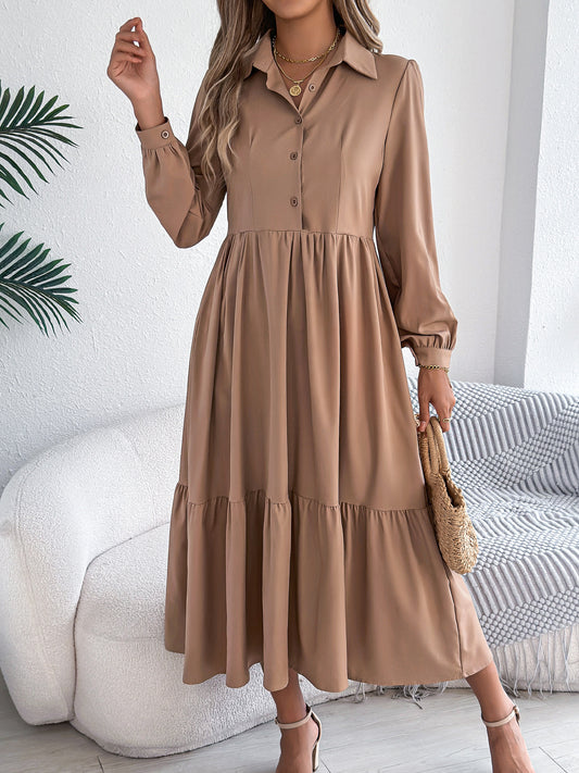 Autumn Winter Collared Casual Loose Long Sleeve Ruffled Shirt Dress Women Clothing