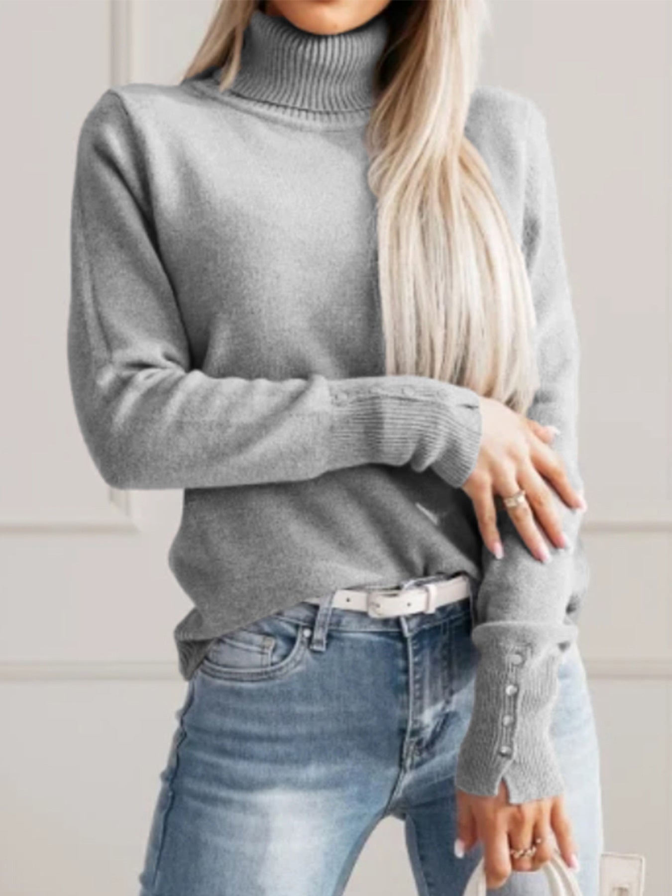 Women Elegant Fall Winter Lapels Knitwear Solid Color Buttons Pullover Sweater Top - Iyanka