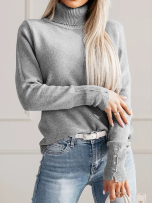 Women Elegant Fall Winter Lapels Knitwear Solid Color Buttons Pullover Sweater Top - Iyanka