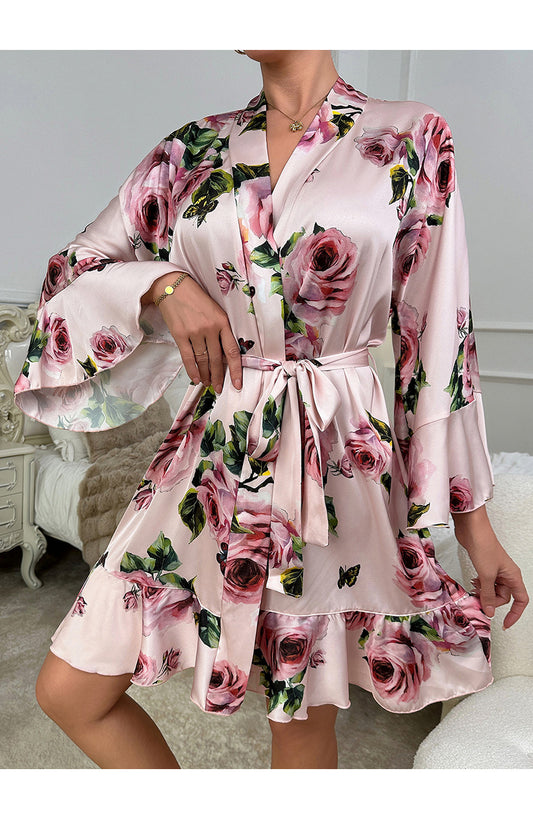 Sexy Underwear Ruffled Emulation Silk Nightgown Cardigan Bathrobe Home Wear Pajamas Women - Iyanka