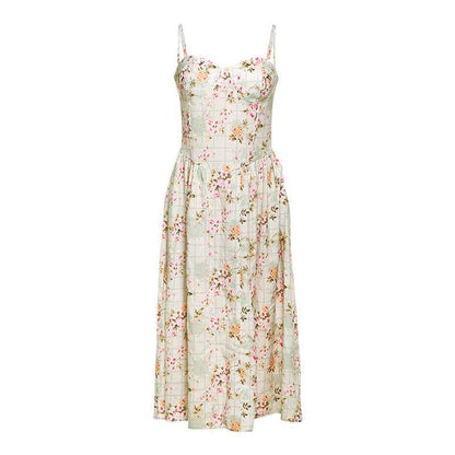Summer Backless Dress for Women - French Printed Waist Trimming Slimming Design