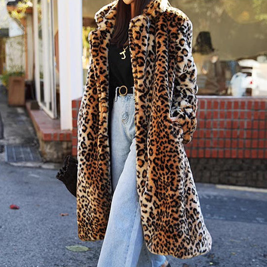 Long Faux Fur Coat Women Leopard Fur Coat Thickened Fleece - Iyanka