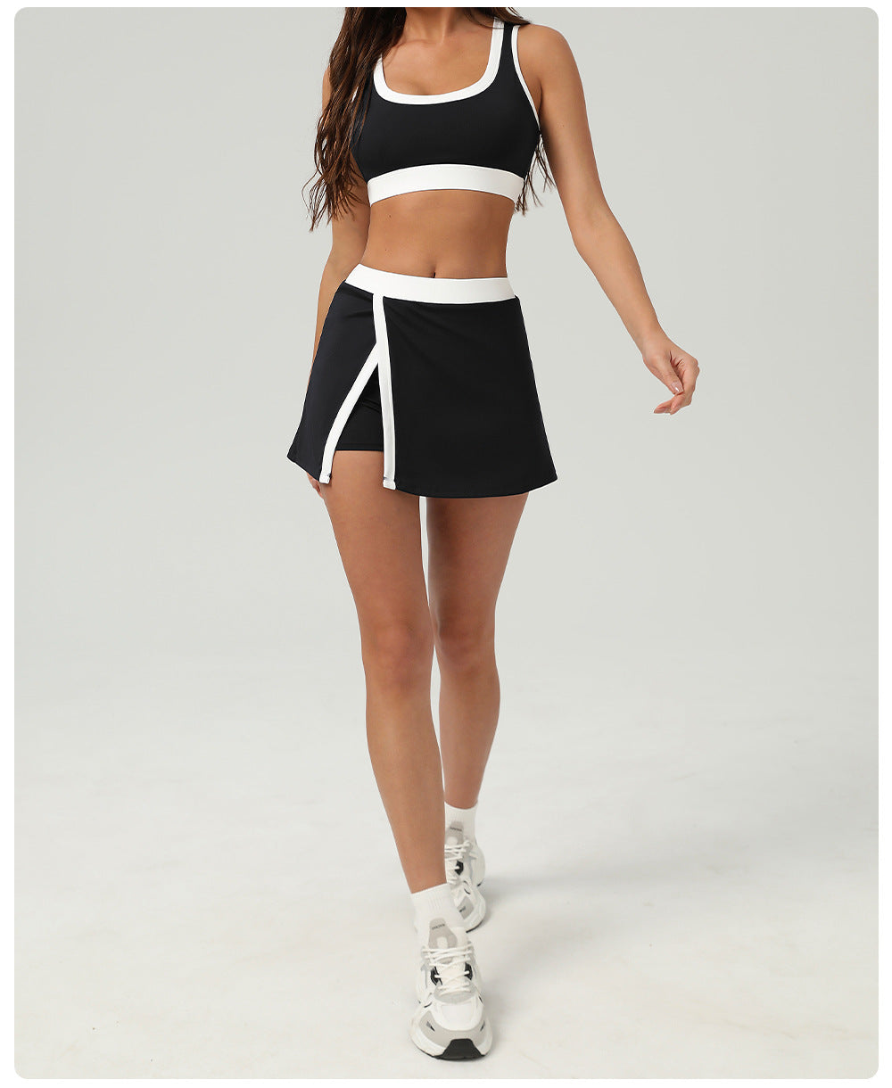 Contrast Color Sports Bra Tennis Skirt Set Women Quick Drying Anti Emptied Pantskirt Sports Set - Iyanka