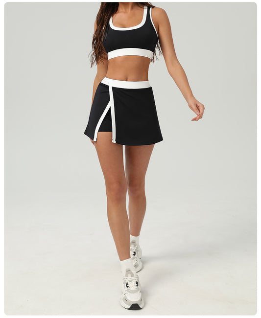Contrast Color Sports Bra Tennis Skirt Set Women Quick Drying Anti Emptied Pantskirt Sports Set - Iyanka