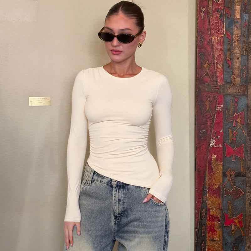 Women’s Summer Slim Fit Crew Neck Long Sleeve Beveled Top